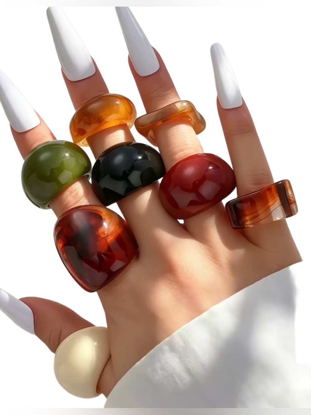8-Piece Polychrome Resin Statement Ring Lot Retro Tortoiseshell Stackable NWOT